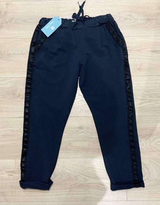 Navy Satin Stripe Trousers