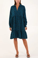 LEOPARD PRINT LONG SLEEVE SMOCK DRESS