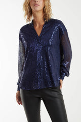 GRANDAD COLLAR SEQUIN SHIRT