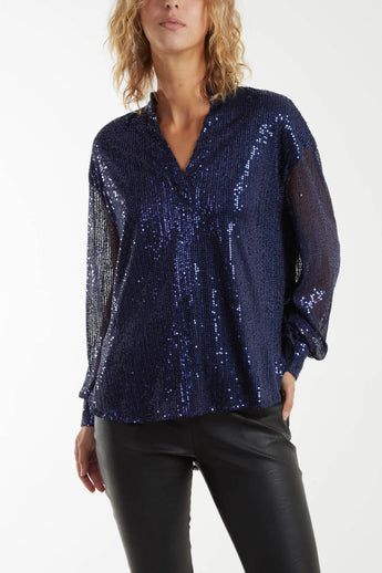 GRANDAD COLLAR SEQUIN SHIRT