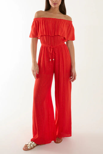 METALLIC STRIPED BARDOT JUMPSUIT