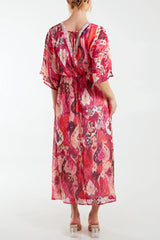 EMBELLISHED V NECK BAROQUE PRINT MAXI DRESS
