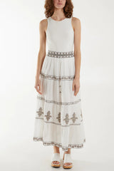 White Flower Embroidered Maxi Skirt