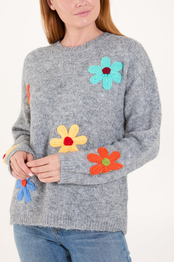 COLOURFUL FLOWER KNIT ROUND NECK JUMPER