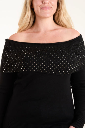 Black Diamanté Bardot Jumper
