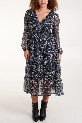 SPOTTY V-NECK MIDI DRESS