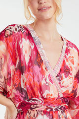 EMBELLISHED V NECK BAROQUE PRINT MAXI DRESS