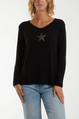 BLACK DIAMANTE STAR LONG SLEEVE JUMPER
