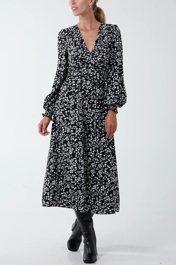 RUCHED DEEP V VOLUME MIDI DRESS