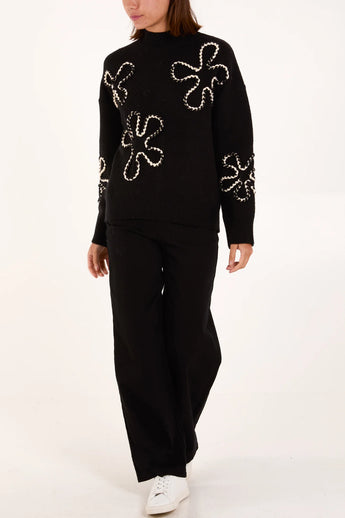 EMBROIDERED FLOWER TURTLE NECK KNIT JUMPER