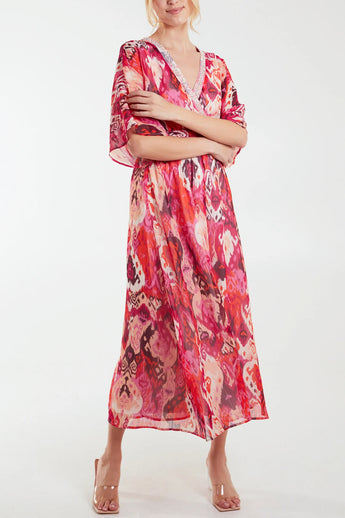 EMBELLISHED V NECK BAROQUE PRINT MAXI DRESS