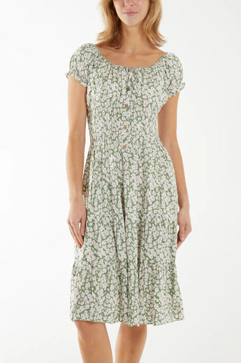 Green Ditsy Shirred Bardot Dress