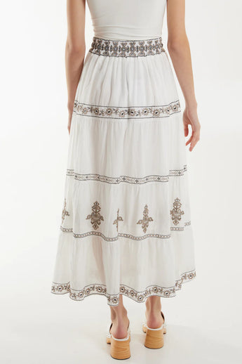 White Flower Embroidered Maxi Skirt