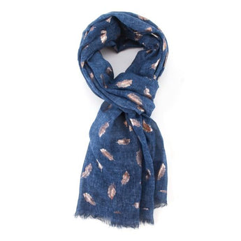 Navy Foil Feather Print Scarf