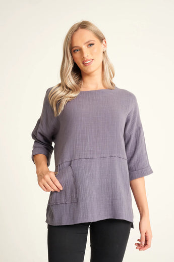 Saloos Grey Cotton Linen Top