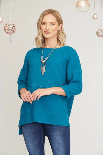 Saloos Teal Cotton Linen Top