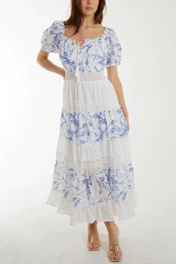 White & Blue Floral And Lace Dress