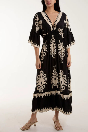 Black and Cream Shirred Dress