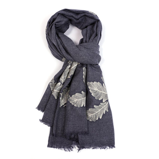 Denim Blue Scarf With Embroidered Feathers
