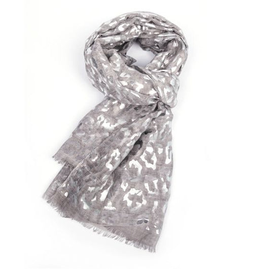 Silver Grey  Scarf with Silver Leopard Print