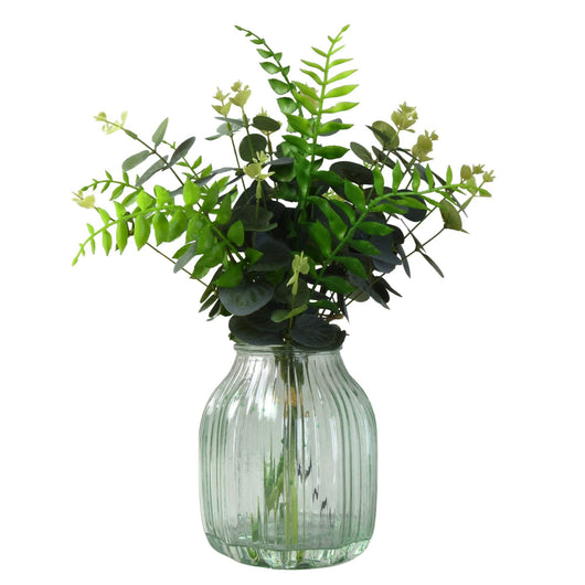 Faux Greenery In Pale Green Ribbed Glass Vase