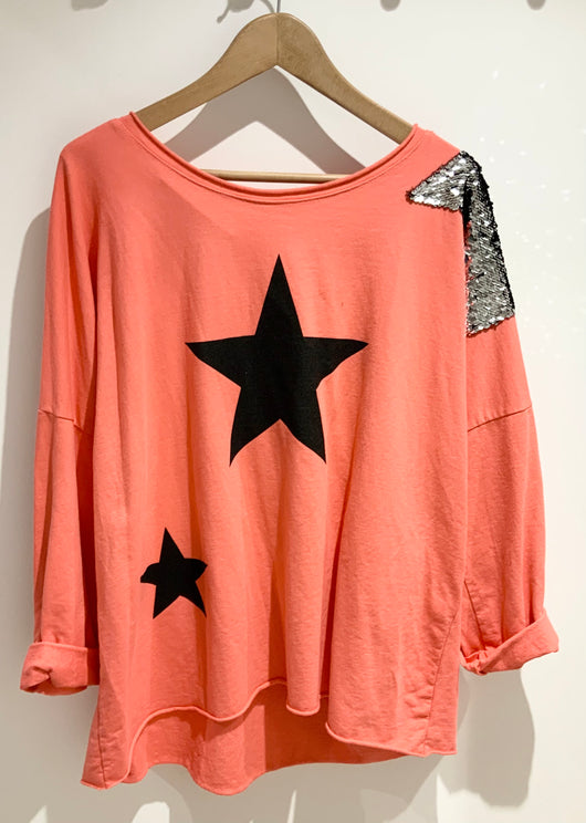Coral Glitter Star Shoulder Top