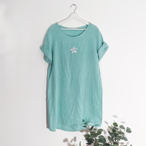 Aqua Classic Linen Dress With Star Detail