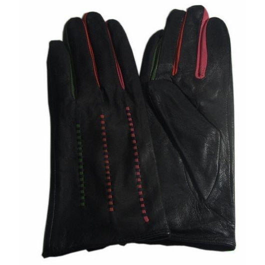 Black leather gloves with colour insert detail