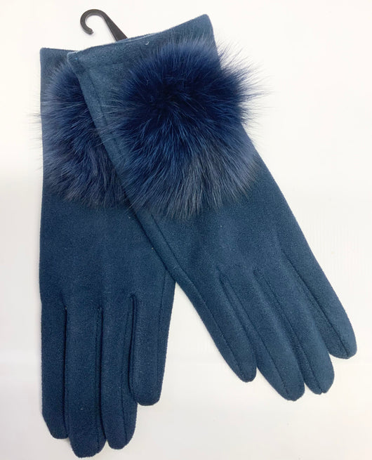 Navy Faux Suede Gloves With Fur Pom Pom
