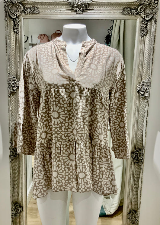 Taupe Mosaic Tiered Blouse