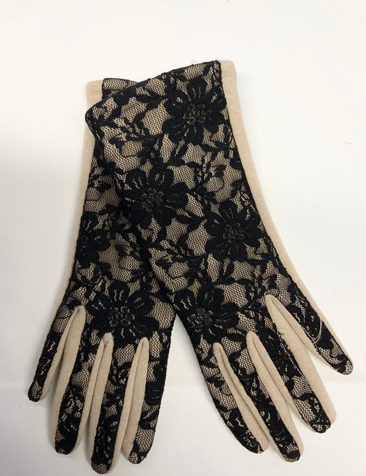 Cream Gloves With Black Lace Detail