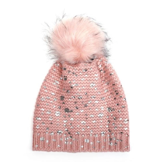 Pink And Silver fur Pom Pom hat